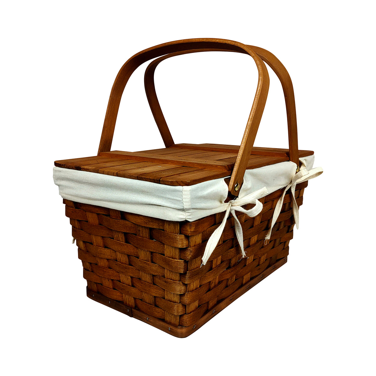 Stained Woodchip Picnic Basket w/Cotton Liner