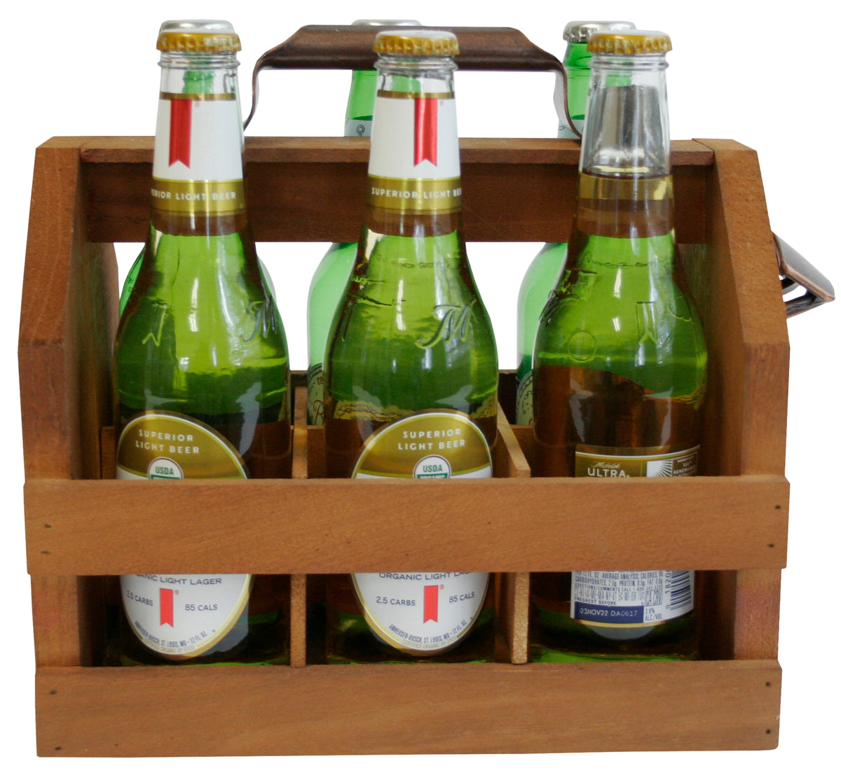 Rustic Wooden Bottle Carrier w/Bottle Opener