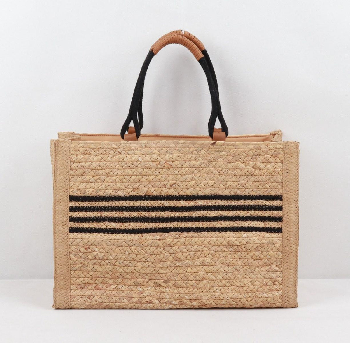 Woven Tote Bag - Faux Leather Handles &amp; Vertical Black Stripes
