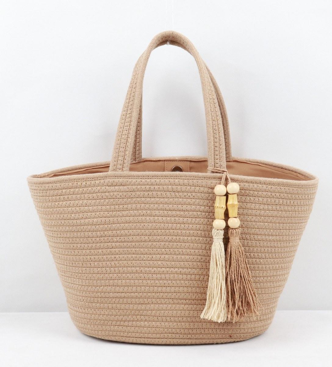 Woven Khaki Tote Bag with Tassels