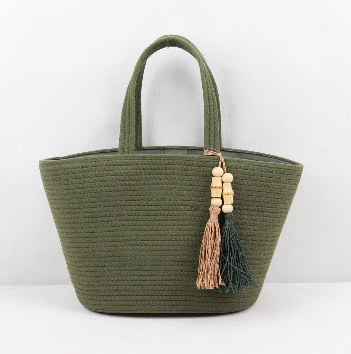 Woven Olive Green Tote Bag with Tassels