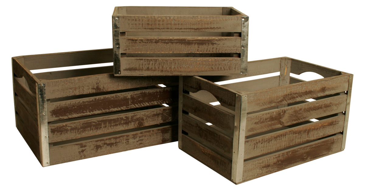 Set of 3 Lg Wood Crates w/Metal Trim