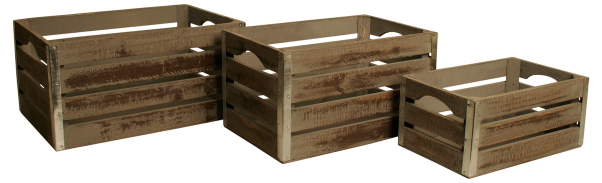 Set of 3 Lg Wood Crates w/Metal Trim