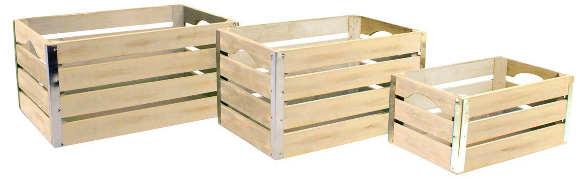 Set of 3 Lg Wood Crates w/ Metal Trim