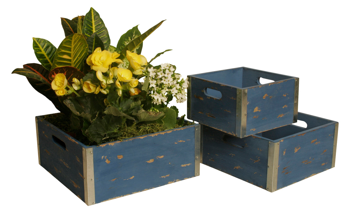 Set of 3 Blue Wood Crates