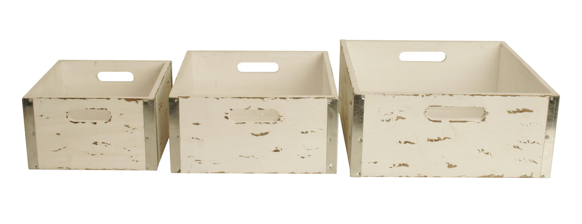 Set of 3 White Wood Crates