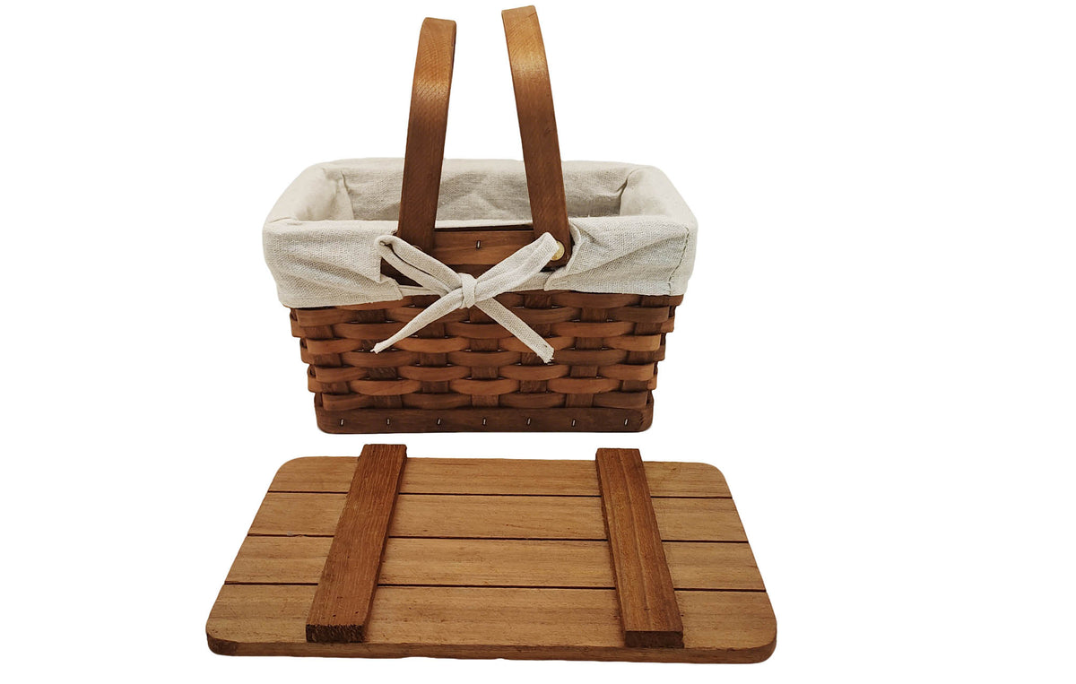 Stained Woodchip Picnic Basket w/Cotton Liner, Small