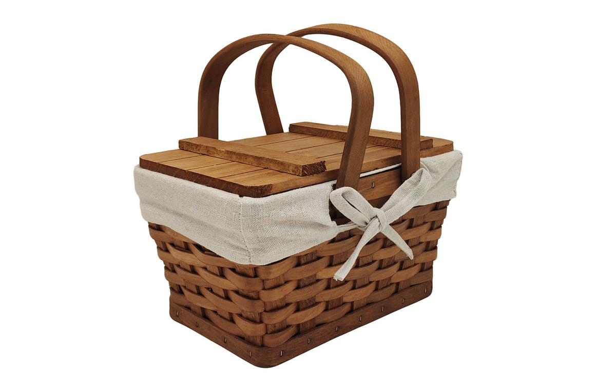Stained Woodchip Picnic Basket w/Cotton Liner, Small