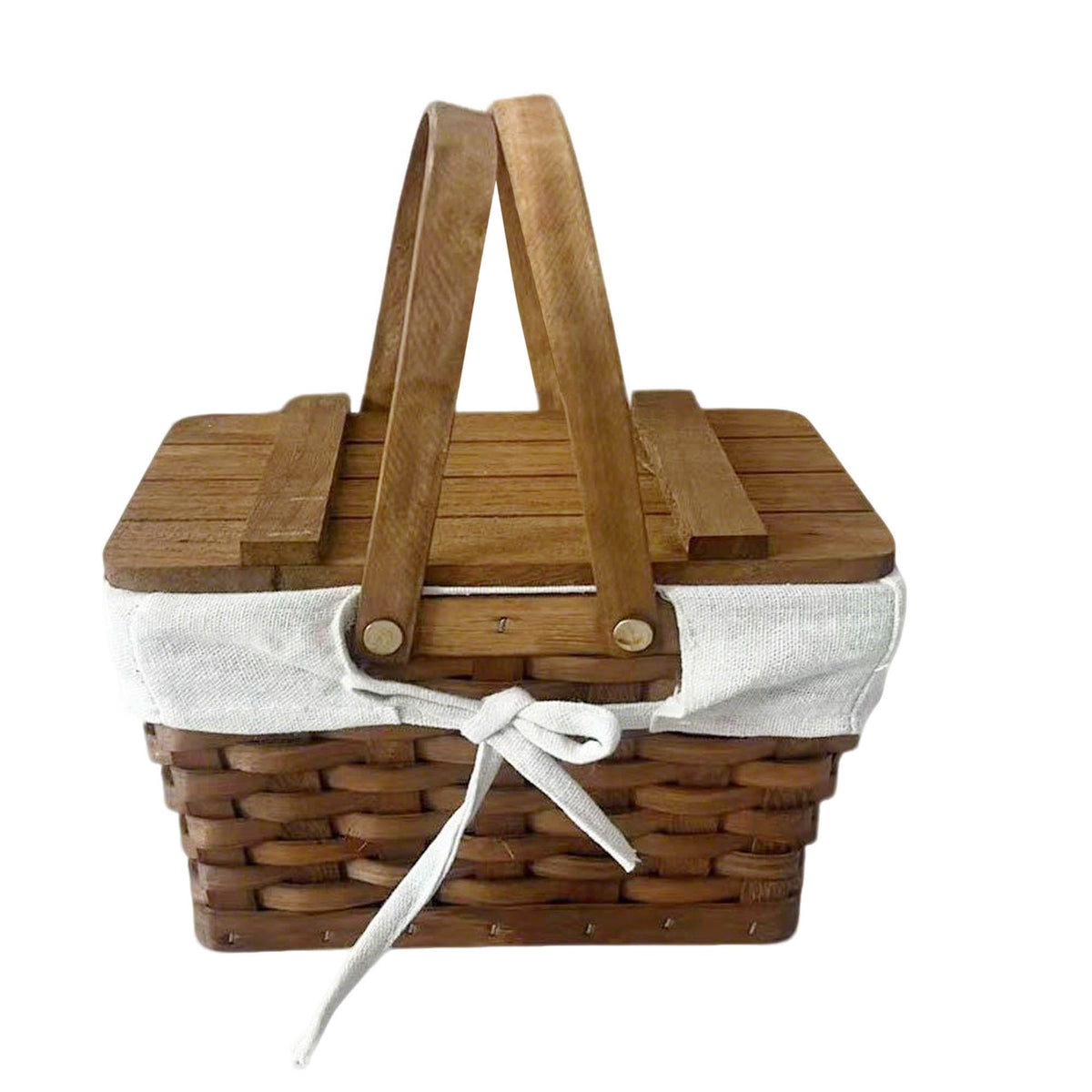 Stained Woodchip Picnic Basket w/Cotton Liner, Small