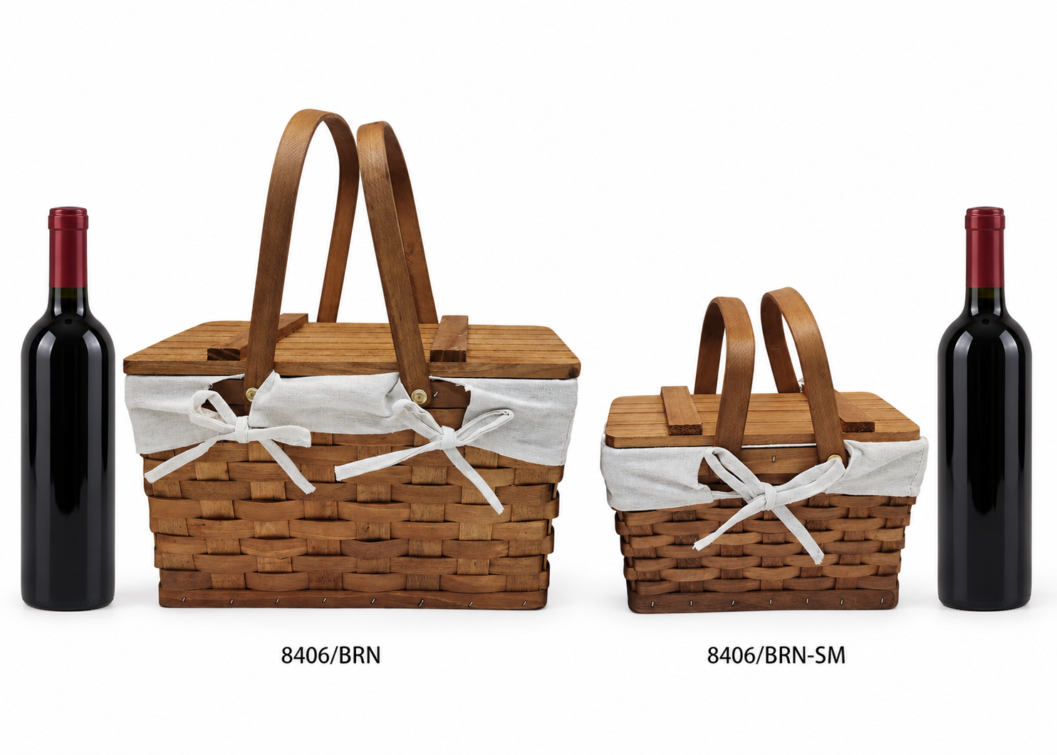 Stained woodchip picnic basket, regular and small sizes, shown next to a wine bottle for scale