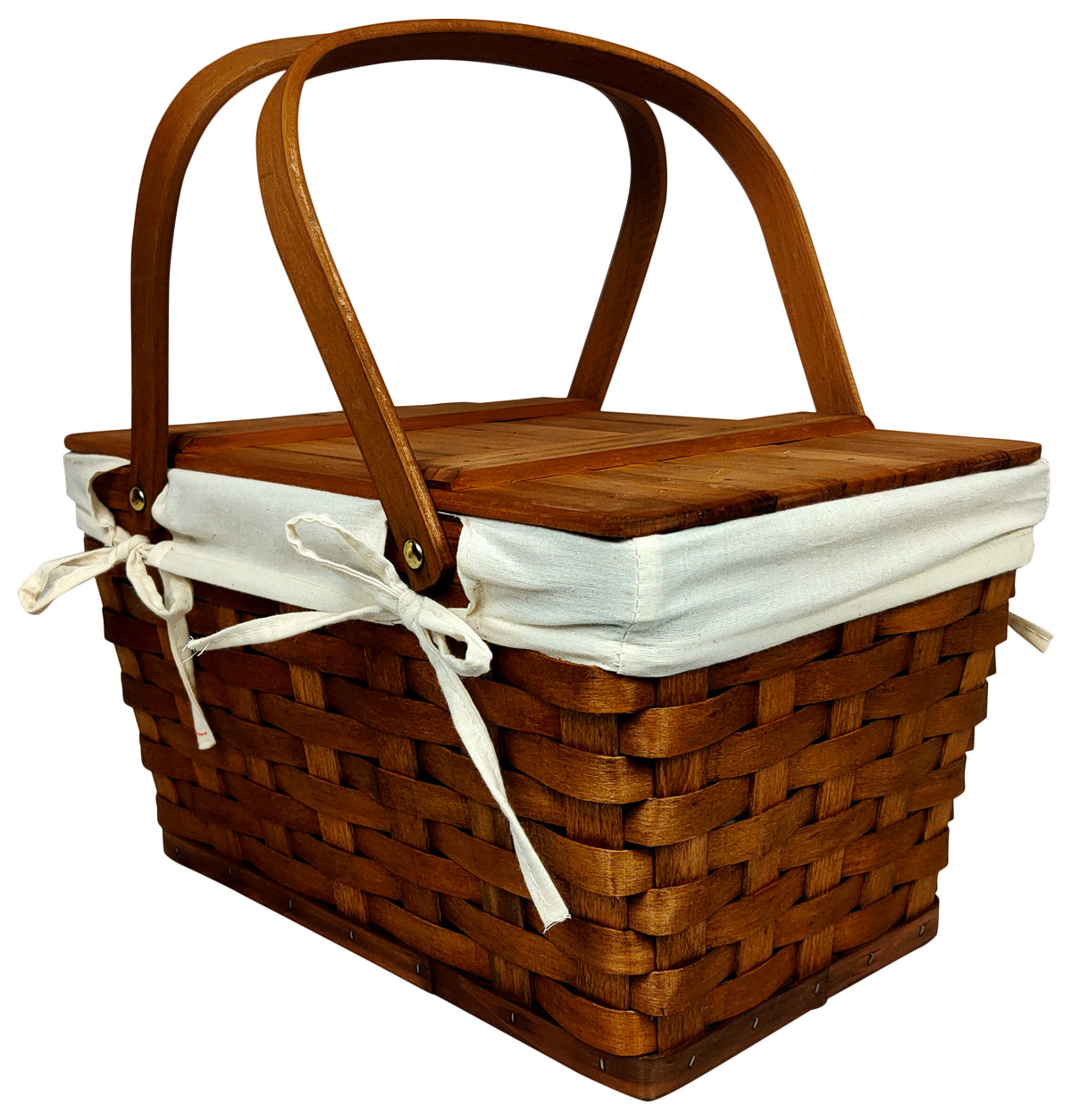 Stained Woodchip Picnic Basket w/Cotton Liner