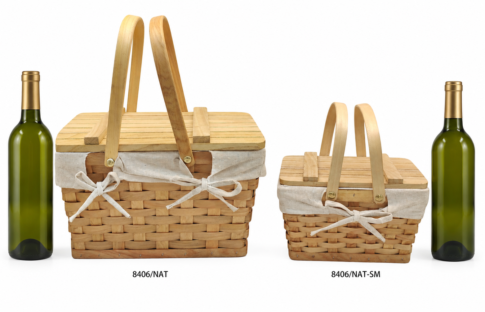 Natural woodchip picnic basket, regular and small sizes, shown next to a wine bottle for scale