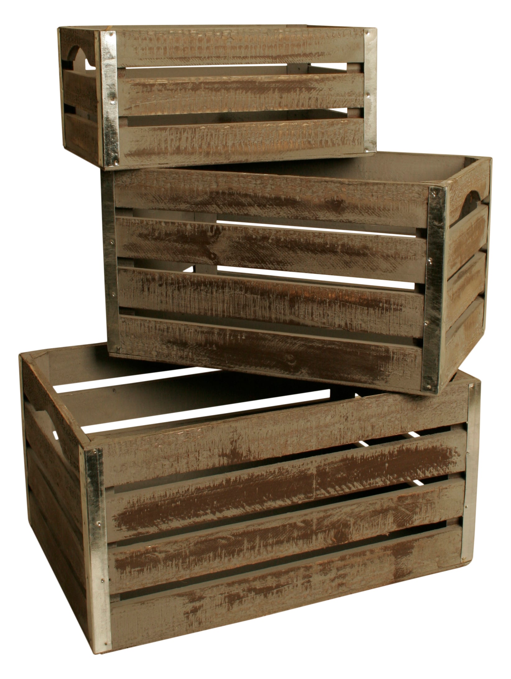 Set of 3 Lg Wood Crates w/Metal Trim-Wald Imports