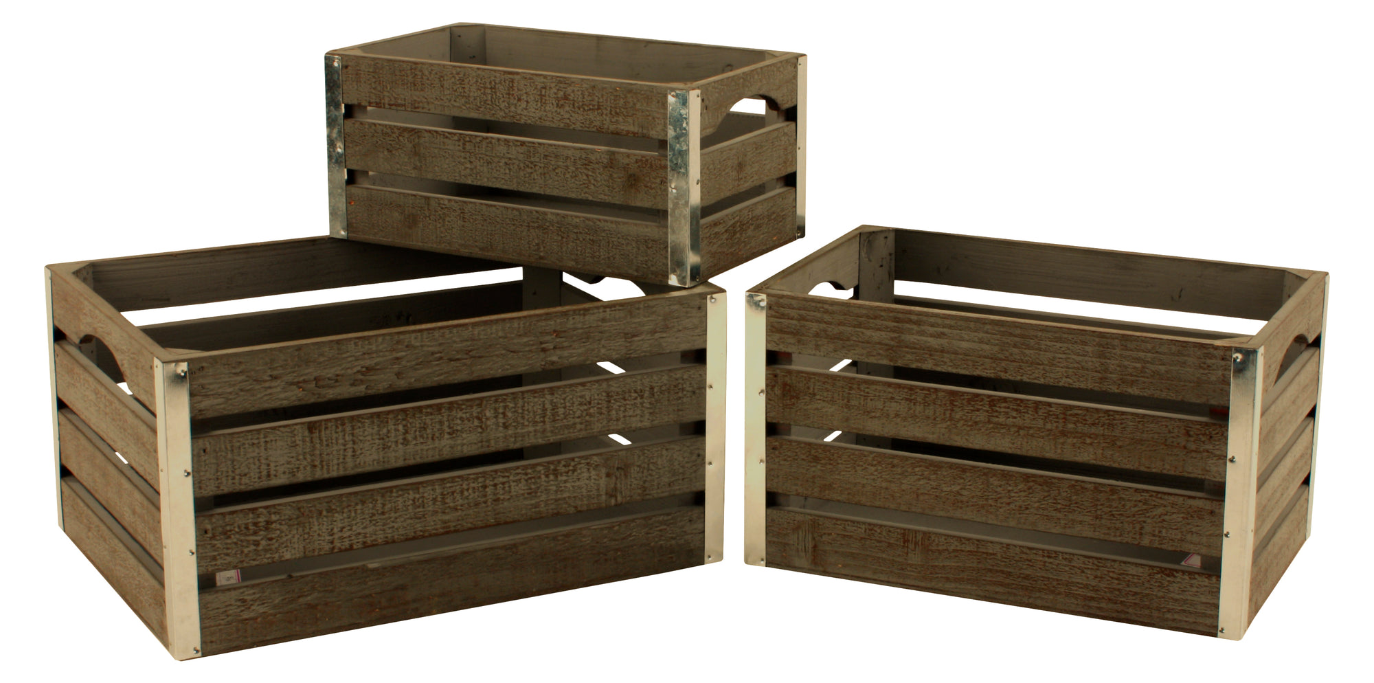 Set of 3 Sm Wood Crates w/ Metal Trim-Wald Imports