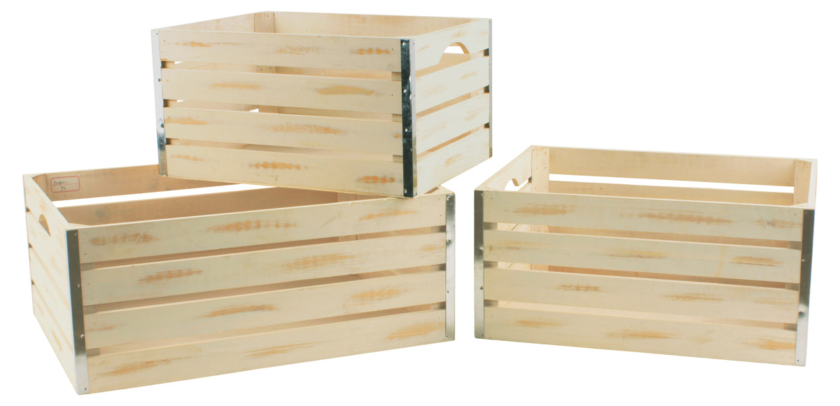 Set of 3 Lg Wood Crates w/ Metal Trim-Wald Imports