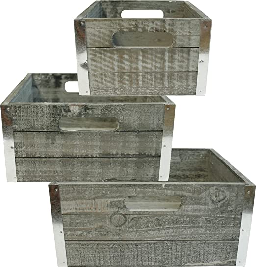 Set of 3 Square Crates w/ Metal Trim