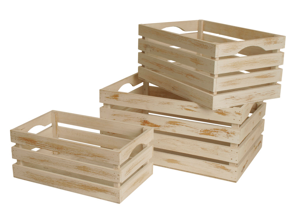 Set of 3 White-Washed Distressed Storage Crates-Wald Imports