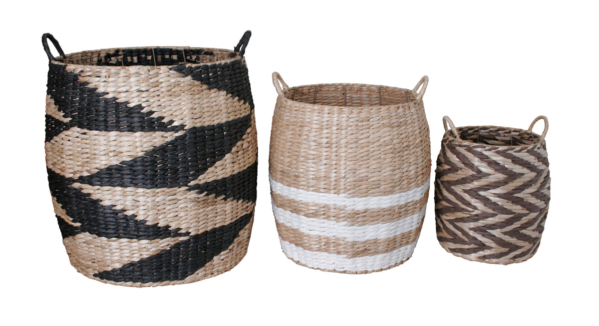 Set of 3 Barrel Baskets in Black &amp; Brown Assortment - 1 PACK